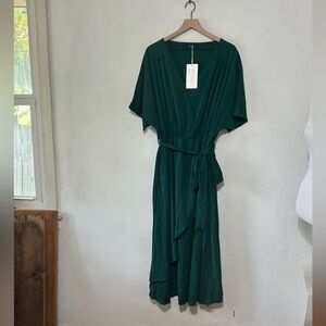 Elegant Green Faux Wrap Dress wedding guest